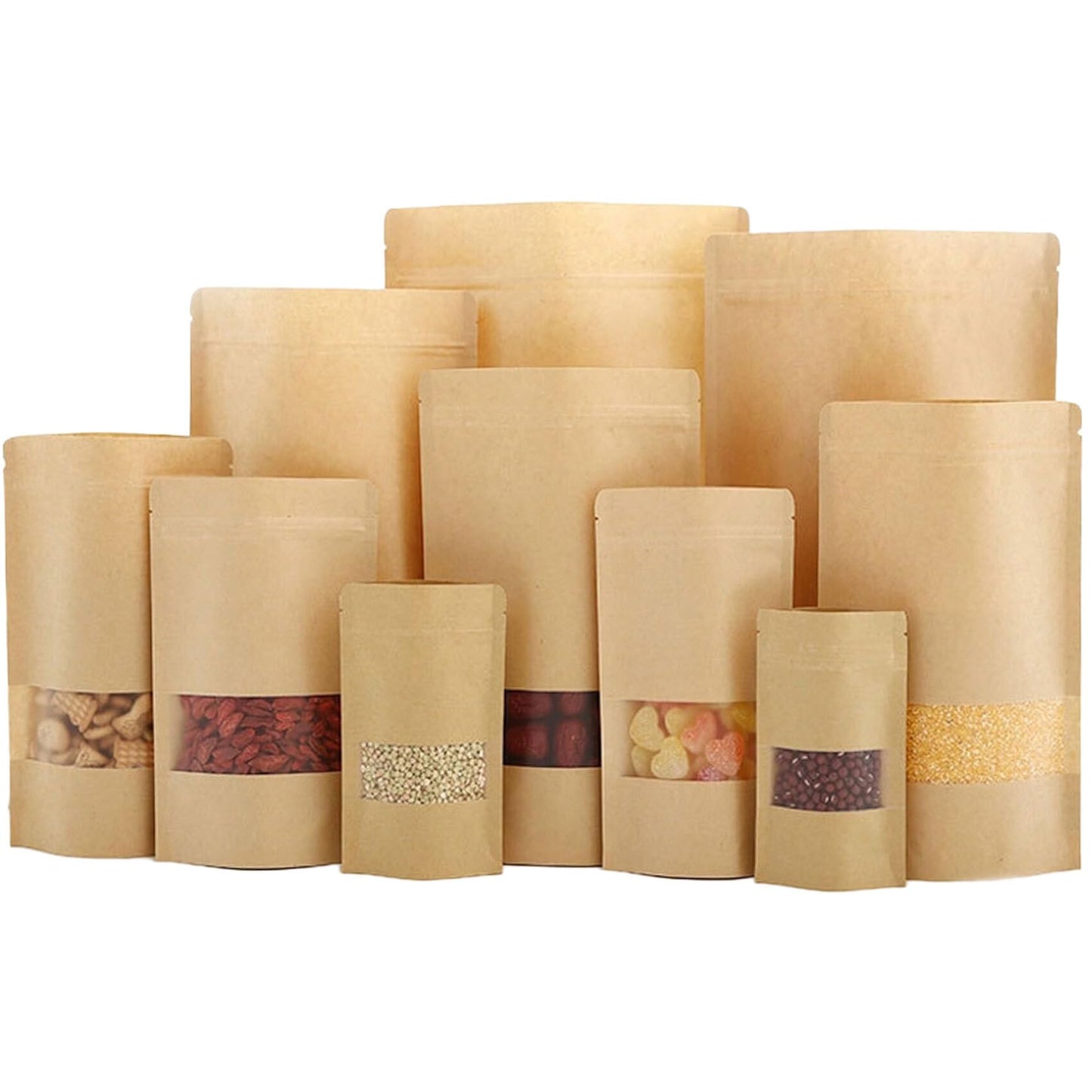 100pcs Kraft Bags with Window Zipper Lock Stand Up Bulk Pouches Resealable 10x14in