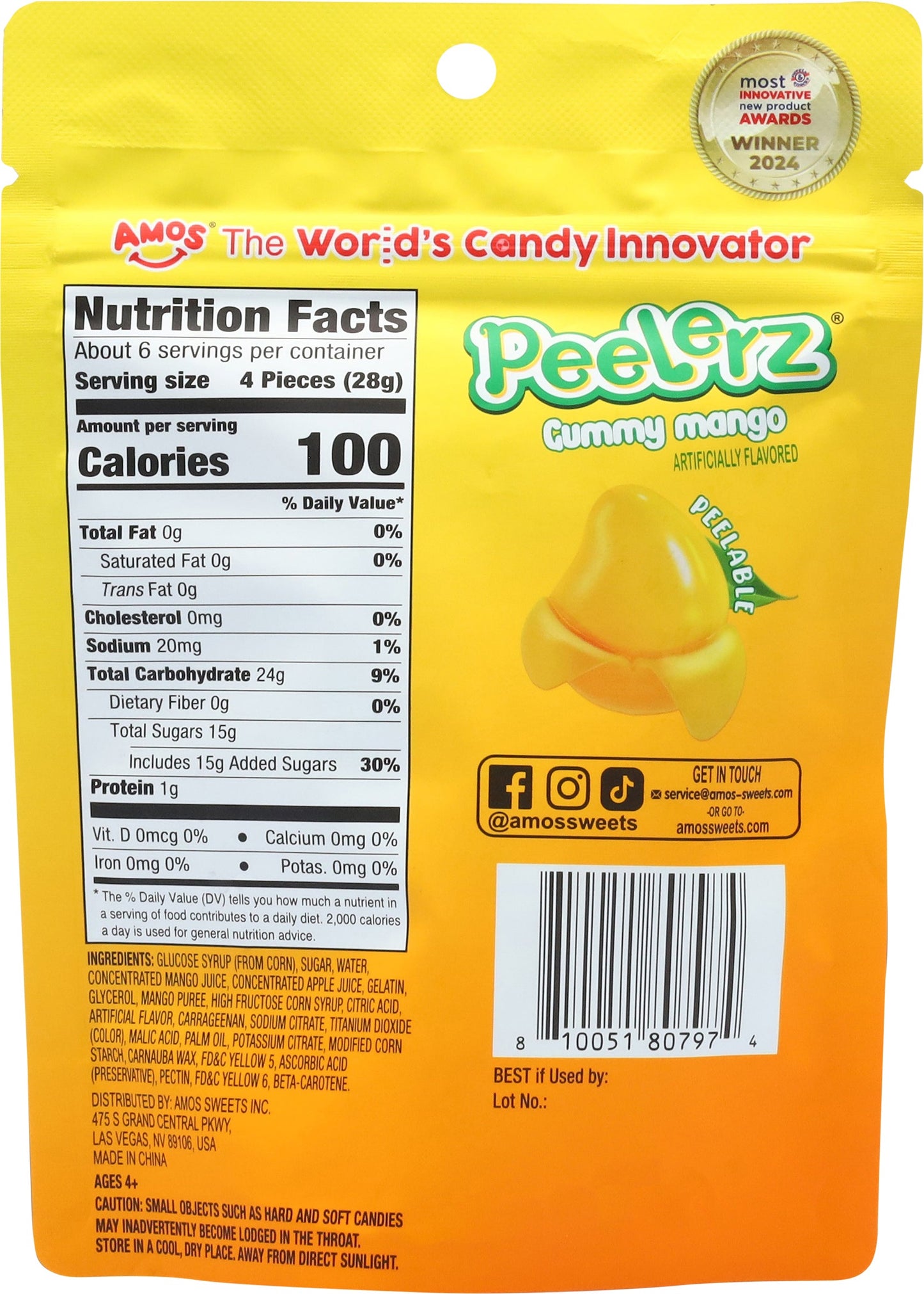 Amos Peelerz Peelable Mango Gummy Candy 6 oz - 12 Pack