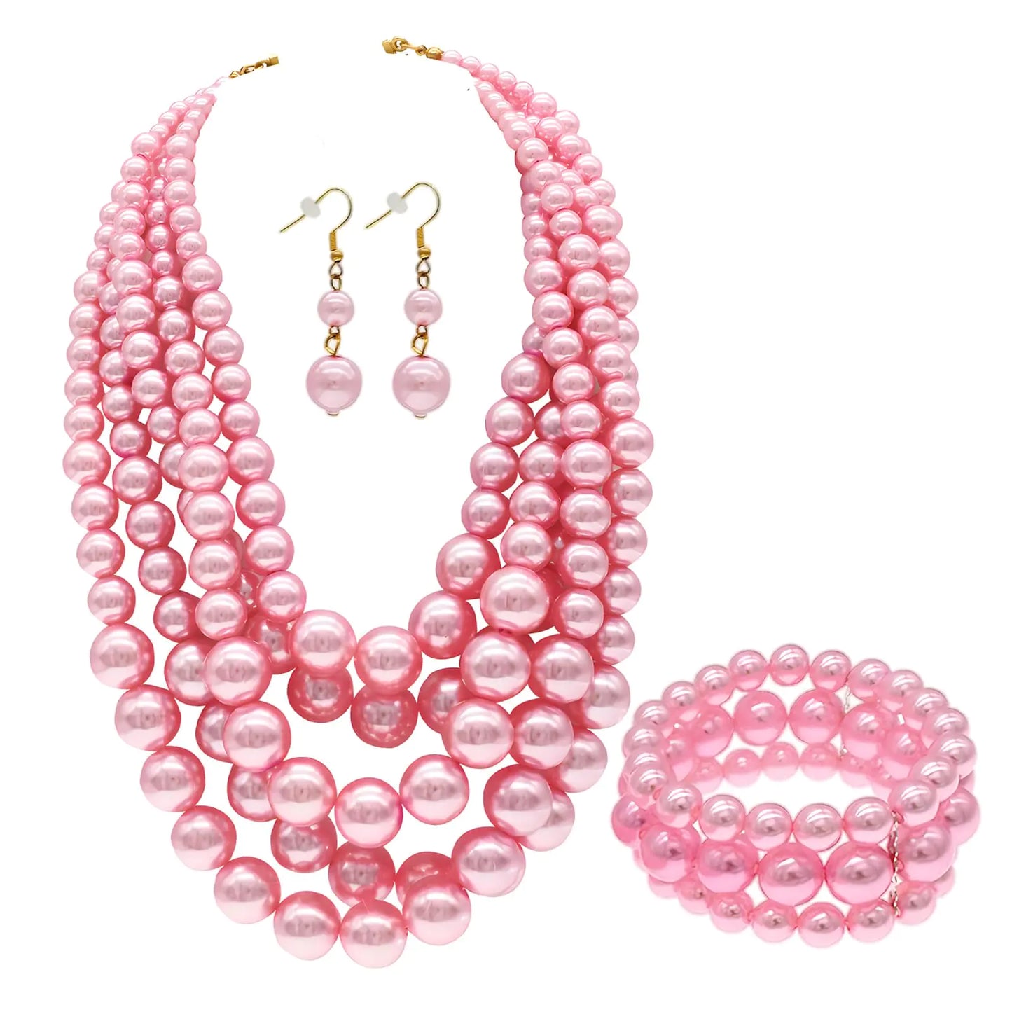 iSPECIALColorful Faux Pearl Jewelry Set for Women Layered Chunky Necklace Earrings and Bracelet Fashion Costume Jewelry Set (Pink pearl necklace set)