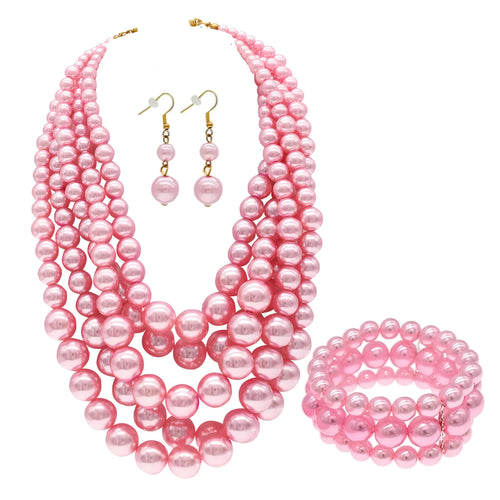 iSPECIALColorful Faux Pearl Jewelry Set for Women Layered Chunky Necklace Earrings and Bracelet Fashion Costume Jewelry Set (Pink pearl necklace set)