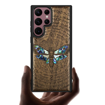 Carveit Wooden Case for Samsung Galaxy S22 Ultra Case Cover [Wood Engraving & Shell Inlay] Wood Phone Case Compatible with Wireless Chargers Galaxy S22 Ultra Case (Deaths Head Moth-Walnut)