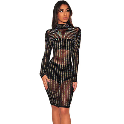High Neck Long Sleeve Lingerie Dress with Rhinestones
