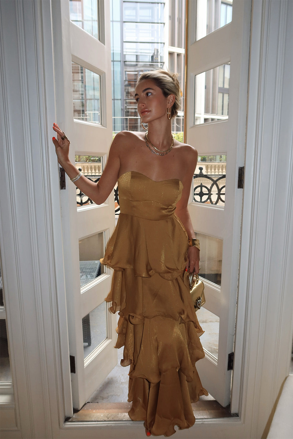 Selene Gold Ruffle Maxi Dress