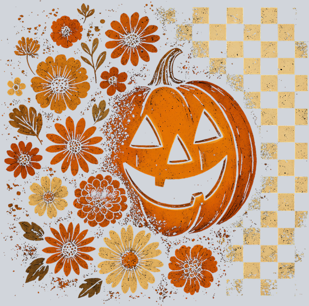 Autumn Pumpkin Flowers and Checkerboard - STK07338 (DTF Transfers)