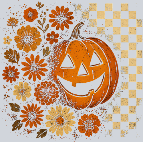 Autumn Pumpkin Flowers and Checkerboard - STK07338 (DTF Transfers)