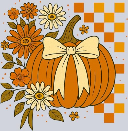 Autumn Pumpkin Flowers and Checkerboard 5 - STK07342 (DTF Transfers)
